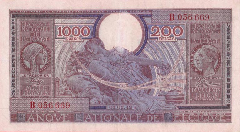 Front of Belgium p125: 1000 Francs from 1943