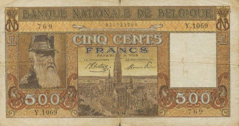 Front of Belgium p127a: 500 Francs from 1944