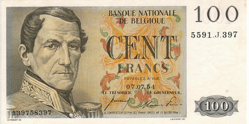 Front of Belgium p129b: 100 Francs from 1953