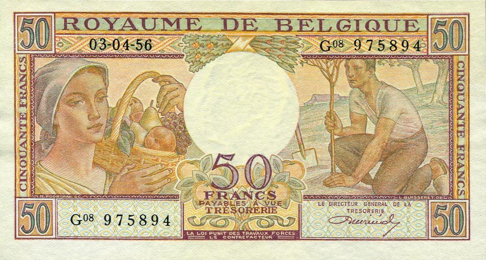 Front of Belgium p133b: 50 Francs from 1956