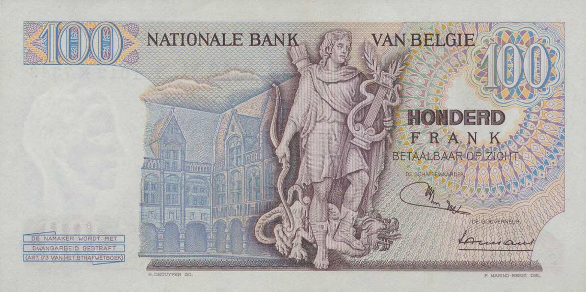 Back of Belgium p134b: 100 Francs from 1962