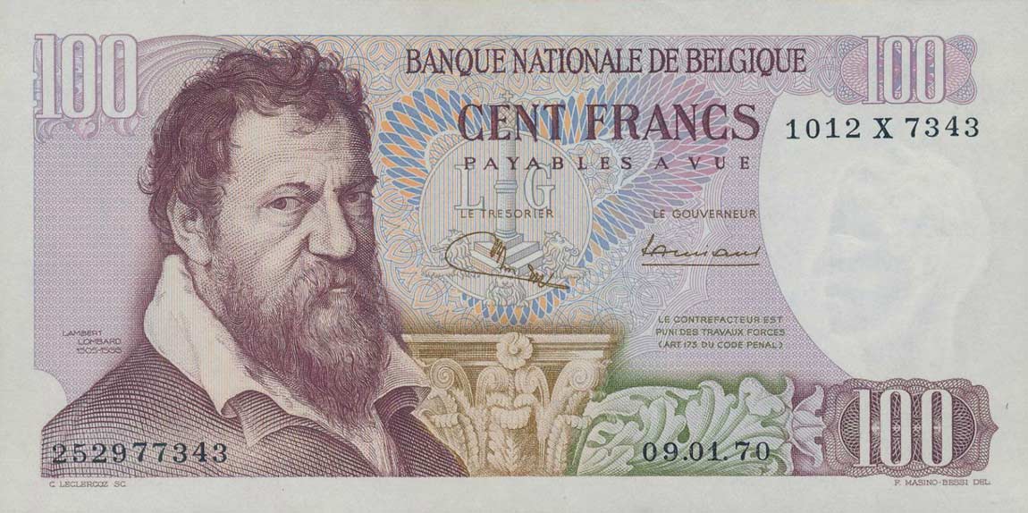 Front of Belgium p134b: 100 Francs from 1962