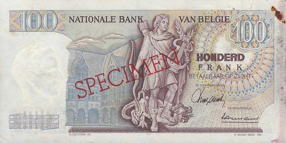 Back of Belgium p134s: 100 Francs from 1962