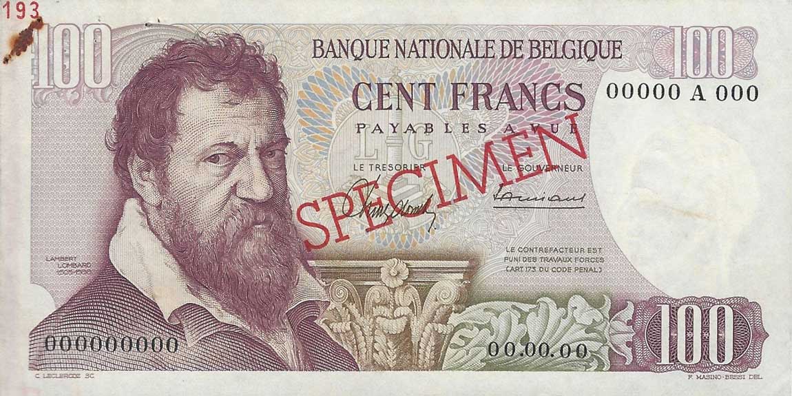 Front of Belgium p134s: 100 Francs from 1962