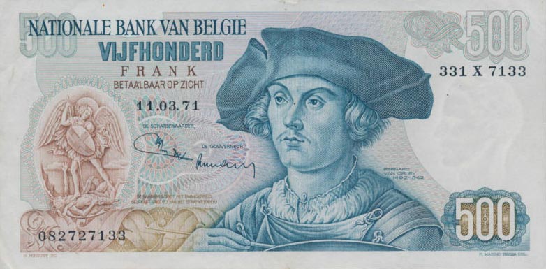 Front of Belgium p135b: 500 Francs from 1961