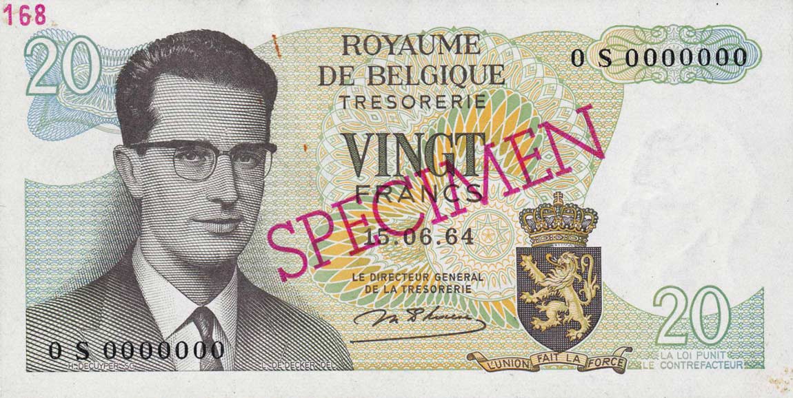 Front of Belgium p138s: 20 Francs from 1964