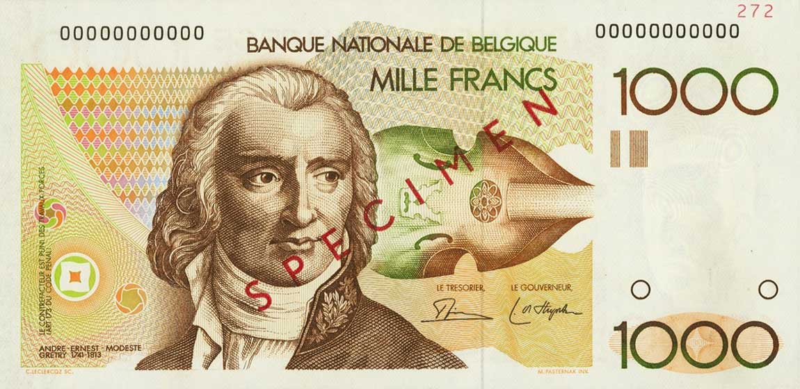 Front of Belgium p144s: 1000 Francs from 1980