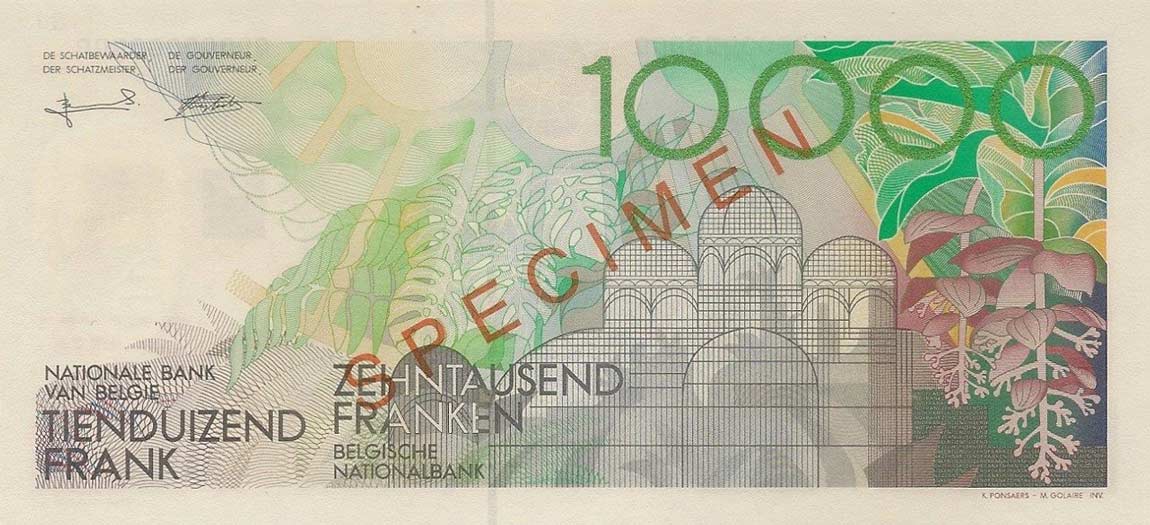 Back of Belgium p146s: 10000 Francs from 1992