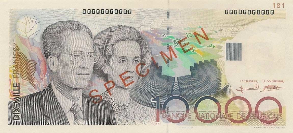 Front of Belgium p146s: 10000 Francs from 1992