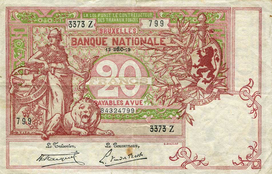 Front of Belgium p67: 20 Francs from 1910