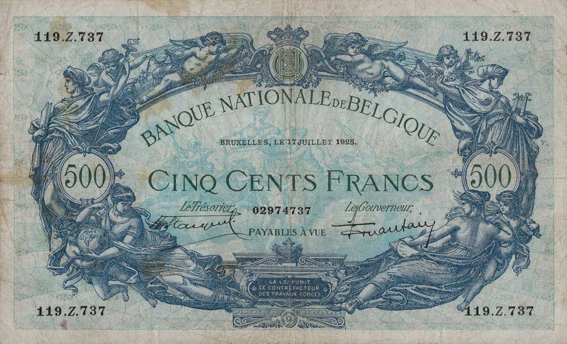 Front of Belgium p72b: 500 Francs from 1919