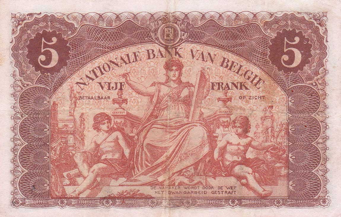 Back of Belgium p74a: 5 Francs from 1914