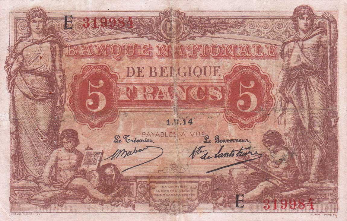 Front of Belgium p74a: 5 Francs from 1914