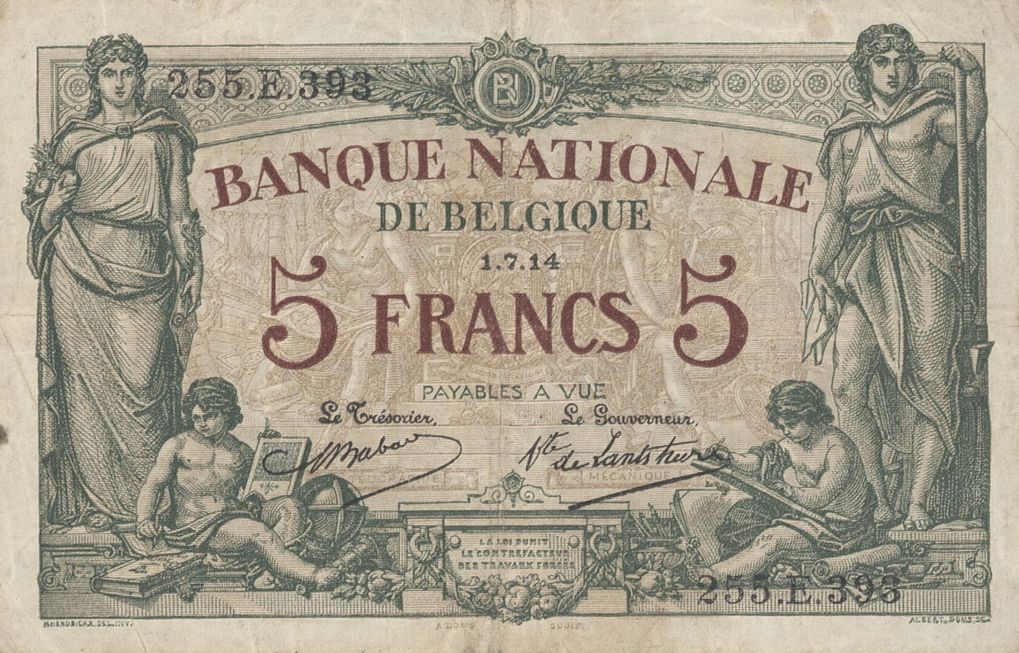 Front of Belgium p75a: 5 Francs from 1914