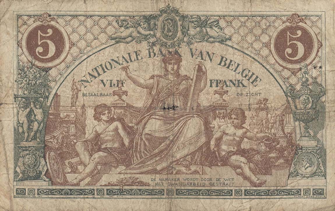 Back of Belgium p75b: 5 Francs from 1918
