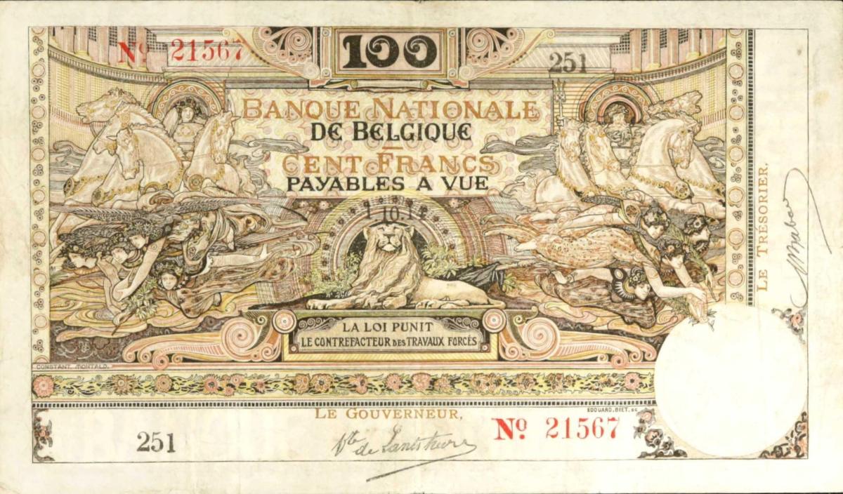 Front of Belgium p79b: 100 Francs from 1914