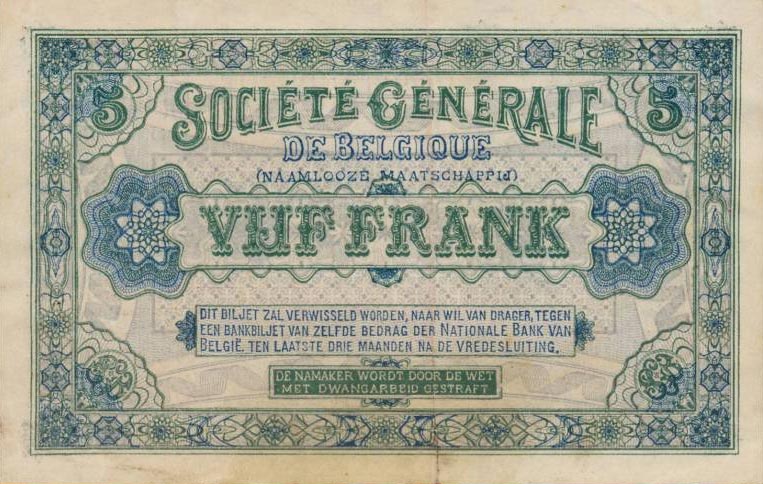 Back of Belgium p88: 5 Francs from 1915