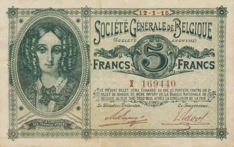 Front of Belgium p88: 5 Francs from 1915