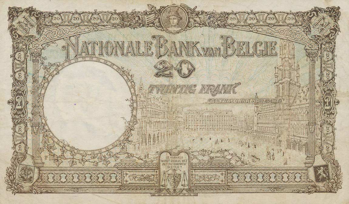 Back of Belgium p94: 20 Francs from 1921