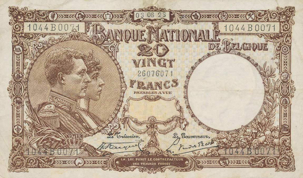 Front of Belgium p94: 20 Francs from 1921