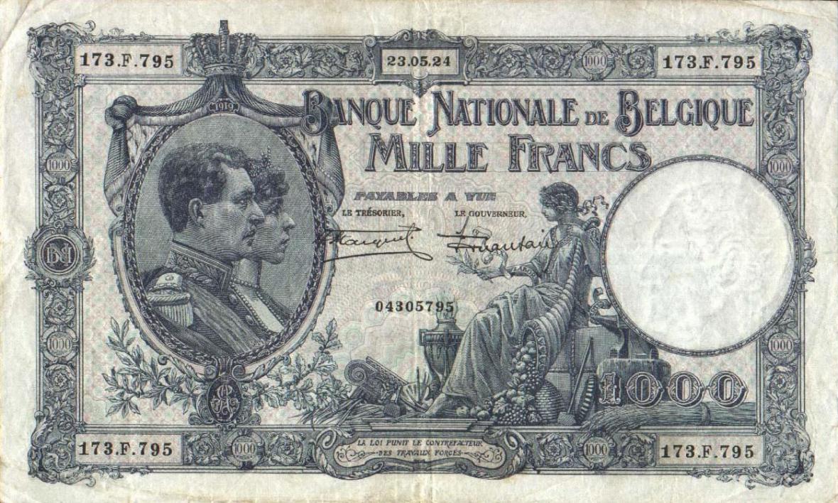 Front of Belgium p96: 1000 Francs from 1922