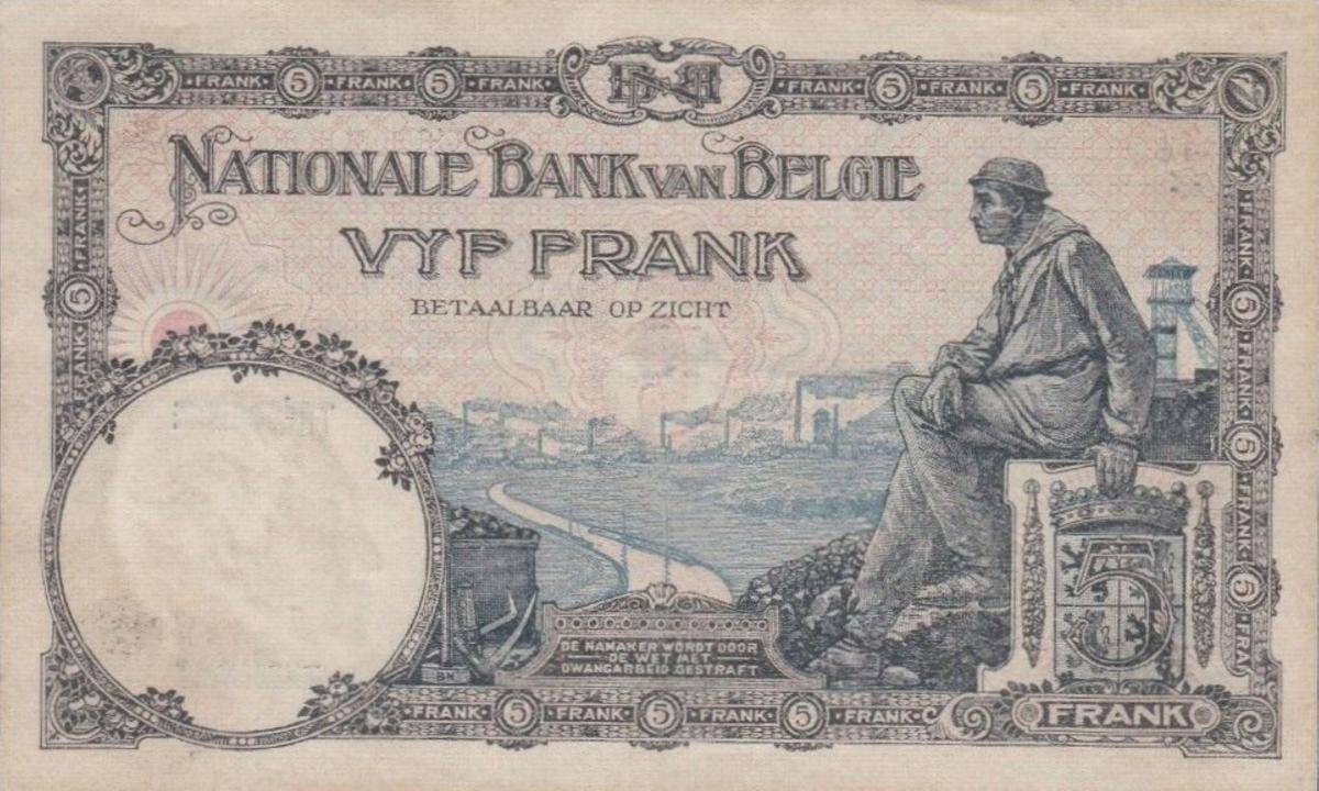 Back of Belgium p97a: 5 Francs from 1926