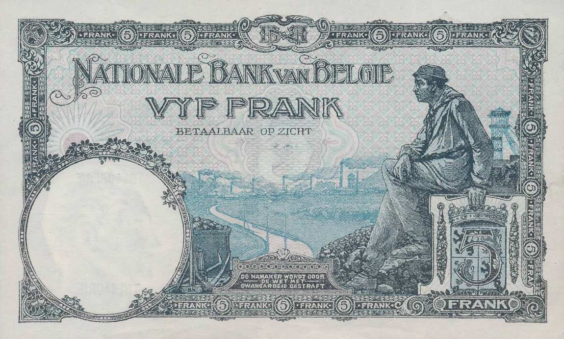 Back of Belgium p97b: 5 Francs from 1926