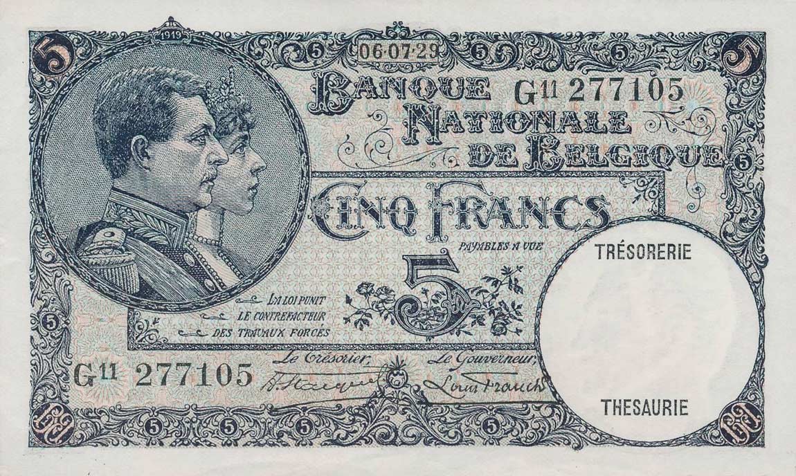 Front of Belgium p97b: 5 Francs from 1926