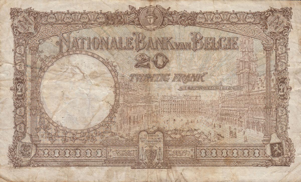 Back of Belgium p98a: 20 Francs from 1926