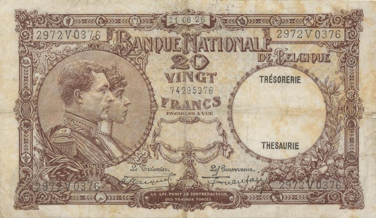 Front of Belgium p98a: 20 Francs from 1926