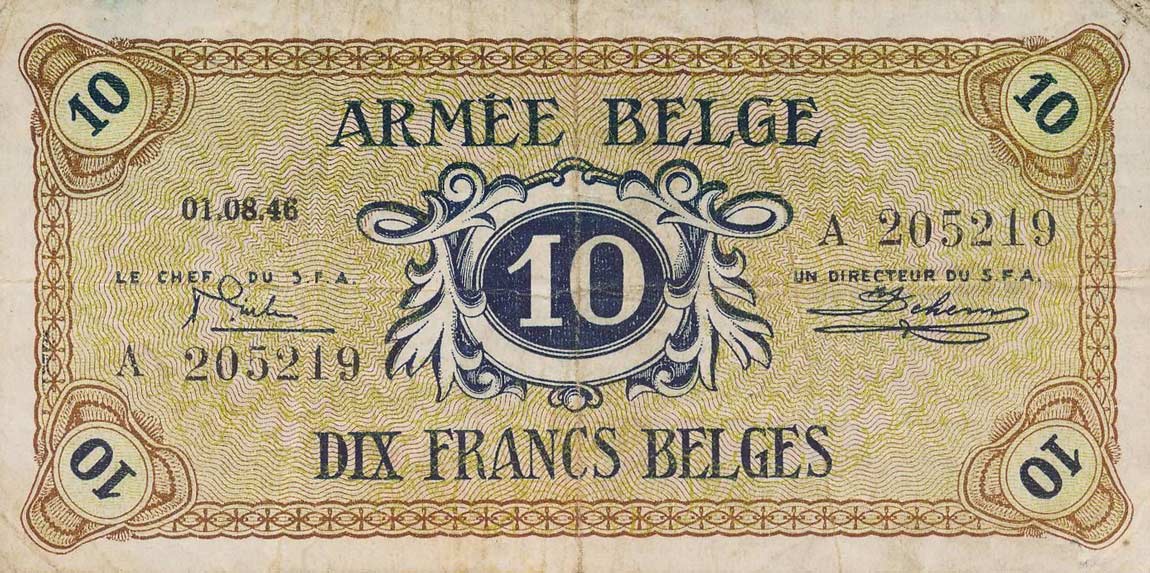 Front of Belgium pM4a: 10 Francs from 1946