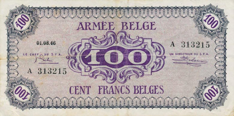 Front of Belgium pM7a: 100 Francs from 1946