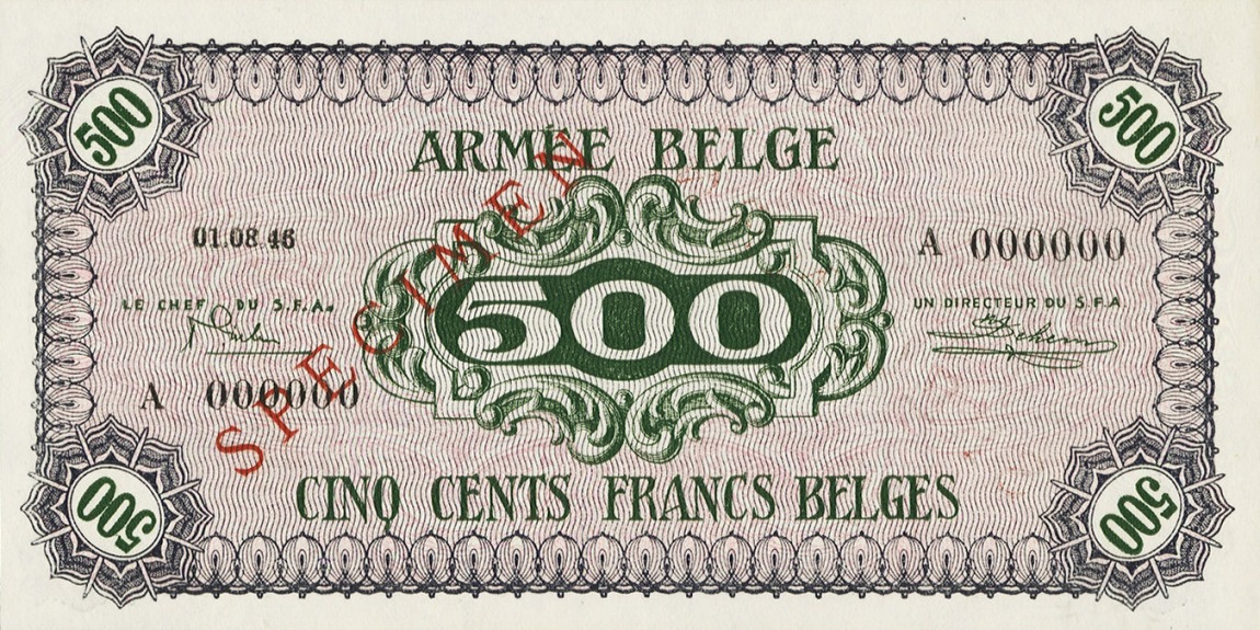 Front of Belgium pM8s: 500 Francs from 1946