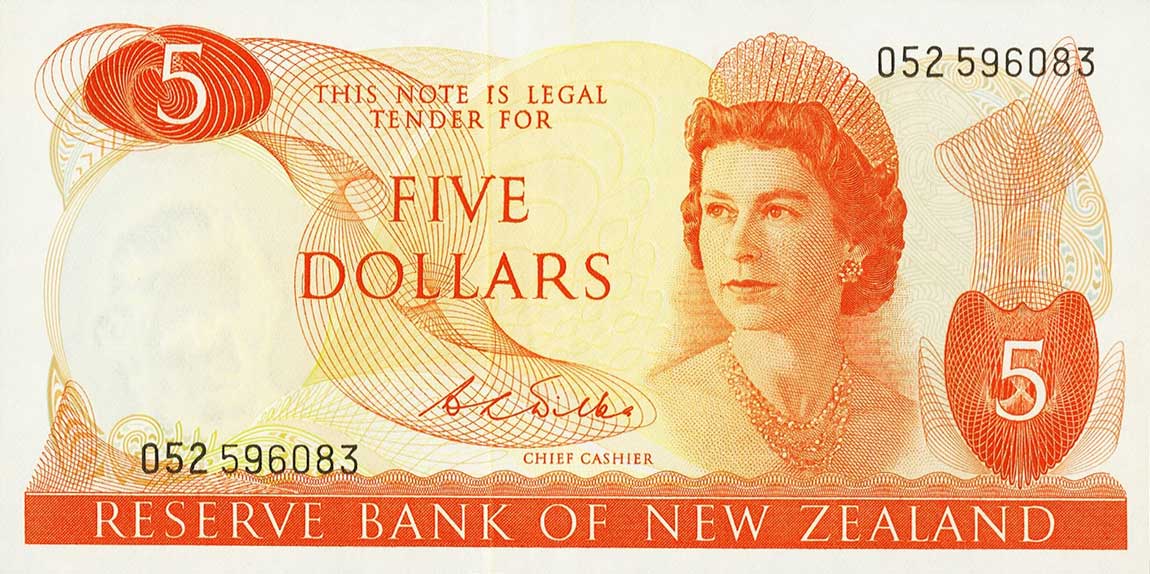 Front of New Zealand p165b: 5 Dollars from 1968