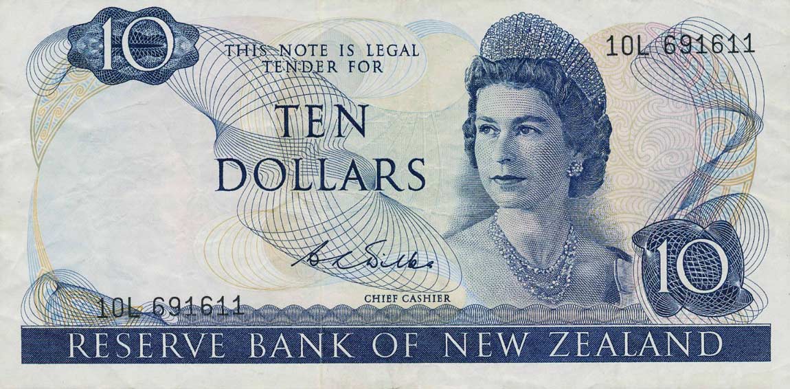 Front of New Zealand p166b: 10 Dollars from 1968