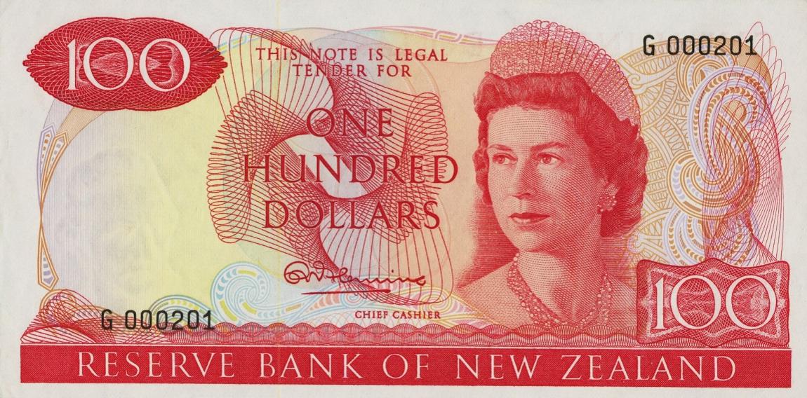 Front of New Zealand p168a: 100 Dollars from 1967