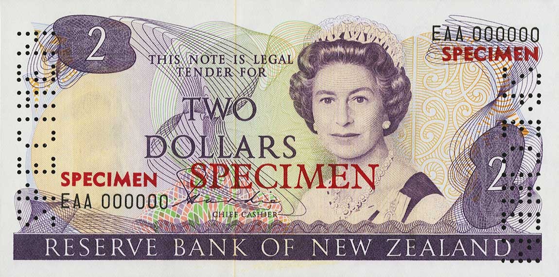 Front of New Zealand p170s: 2 Dollars from 1981