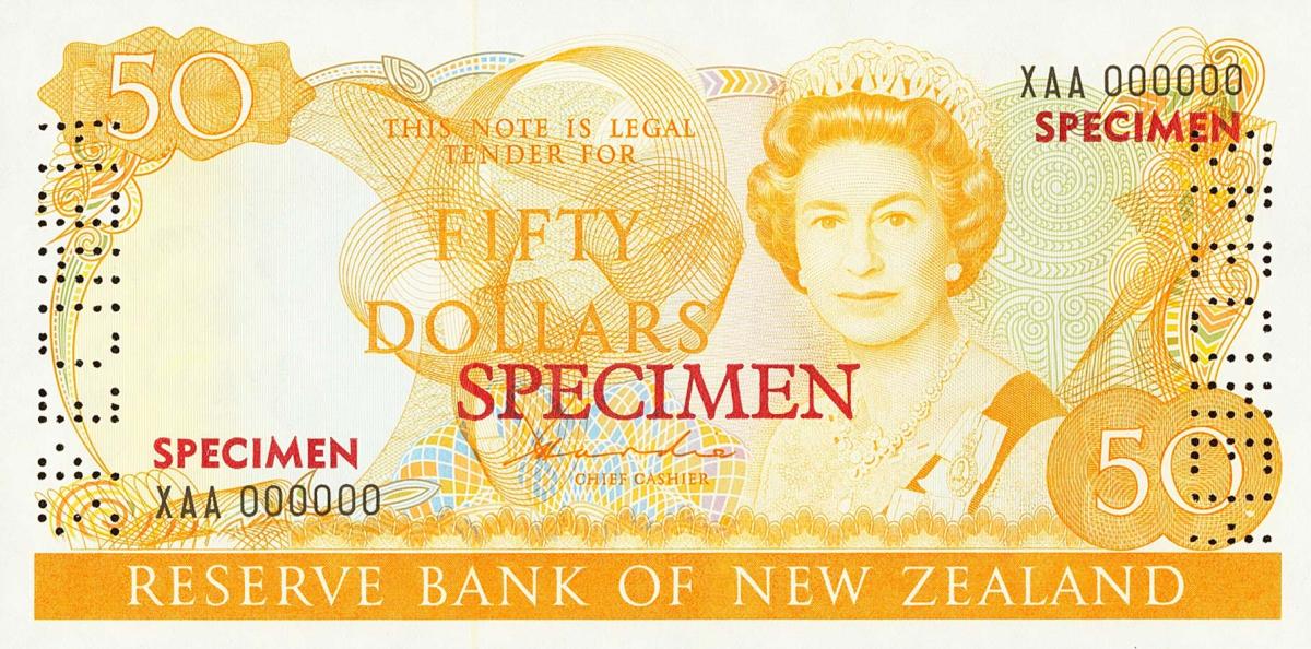 Front of New Zealand p174s: 50 Dollars from 1981