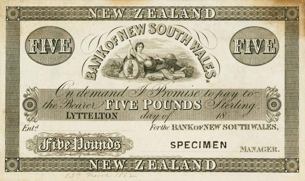 Front of New Zealand pS147g: 5 Pounds from 1870