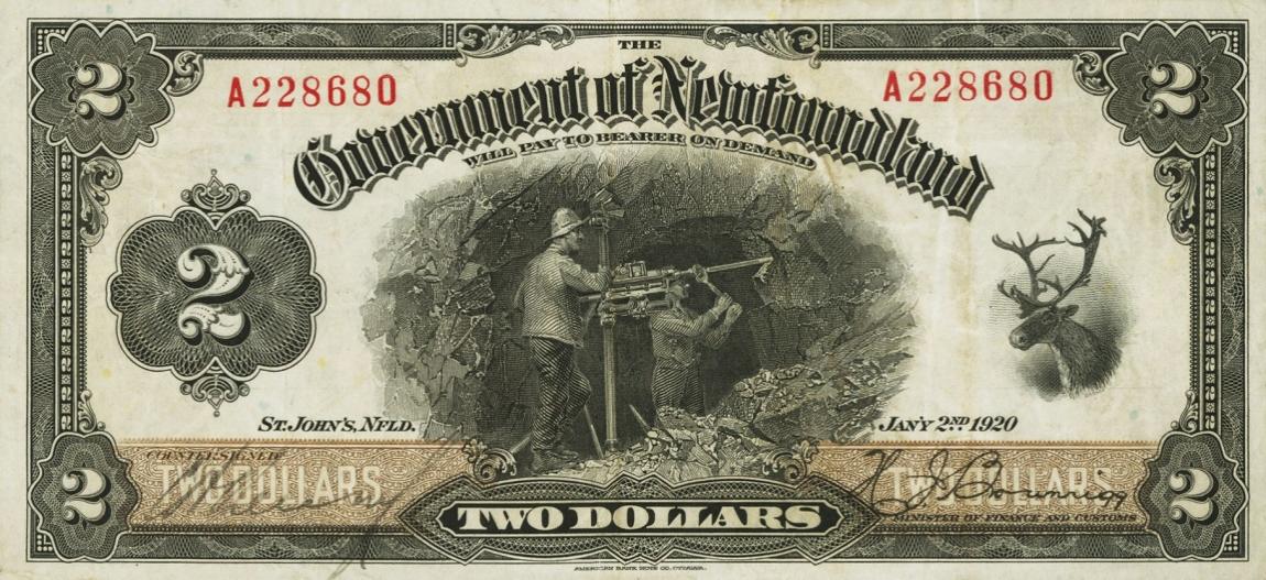 Front of Newfoundland pA15d: 2 Dollars from 1920