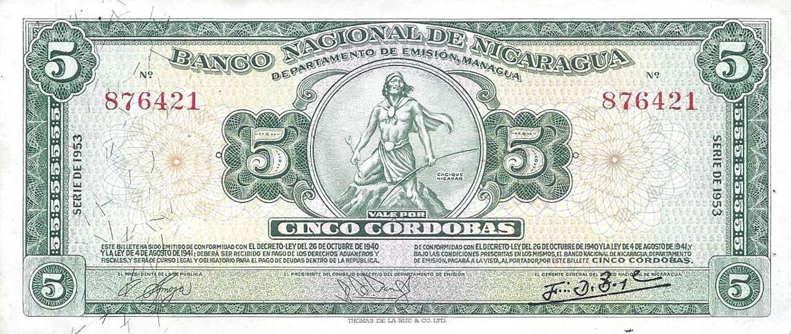 Front of Nicaragua p100a: 5 Cordobas from 1953