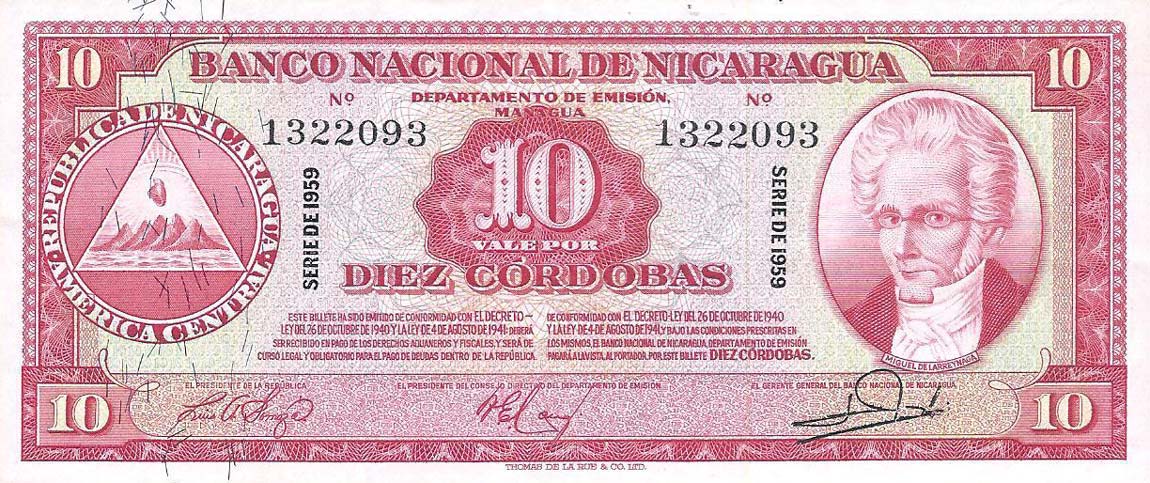 Front of Nicaragua p101b: 10 Cordobas from 1959