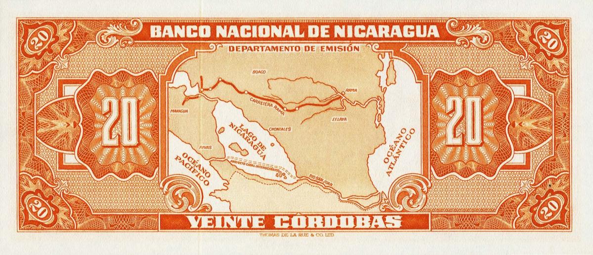 Back of Nicaragua p102s: 20 Cordobas from 1953