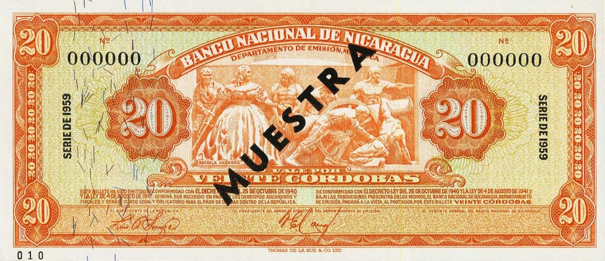 Front of Nicaragua p102s: 20 Cordobas from 1953