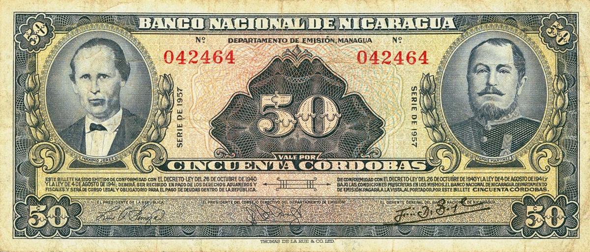 Front of Nicaragua p103a: 50 Cordobas from 1953