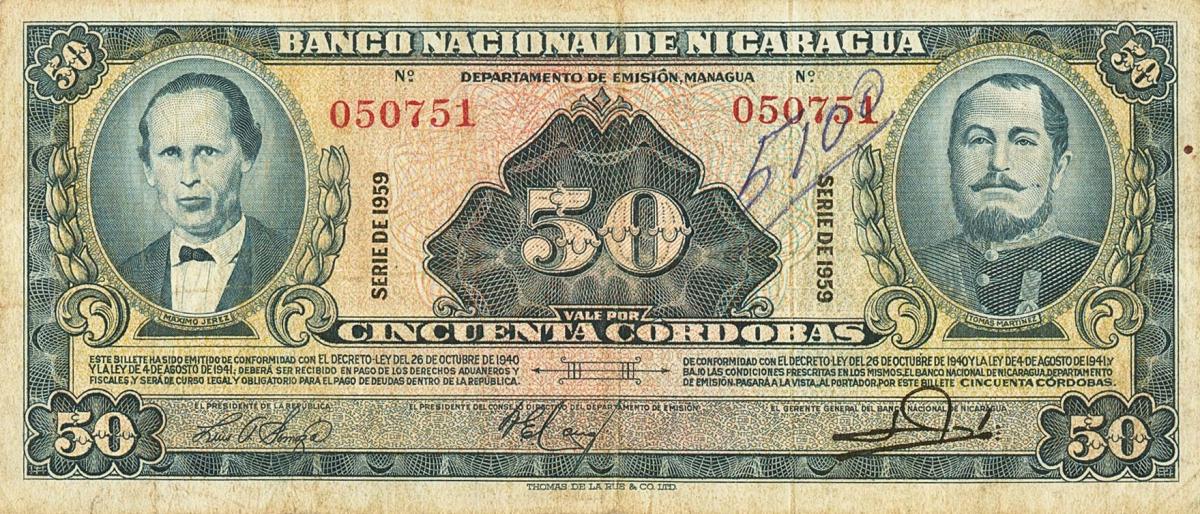 Front of Nicaragua p103b: 50 Cordobas from 1959