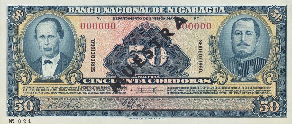 Front of Nicaragua p103s: 50 Cordobas from 1953