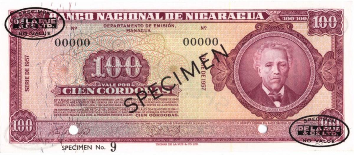 Front of Nicaragua p104s: 100 Cordobas from 1953