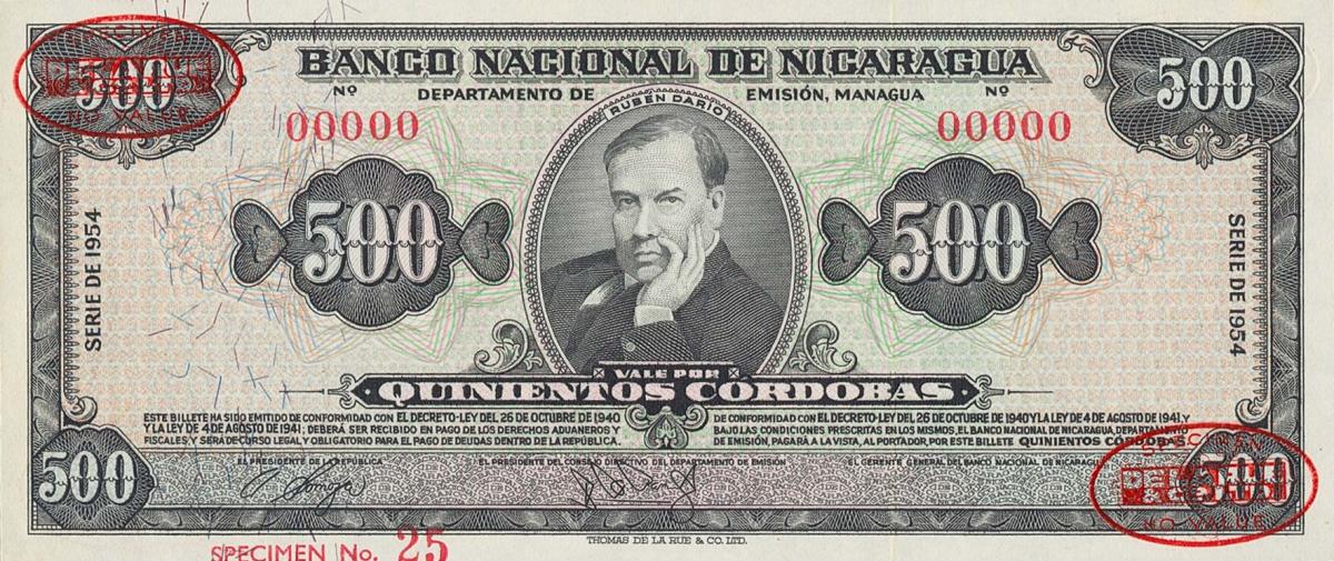 Front of Nicaragua p105s: 500 Cordobas from 1953