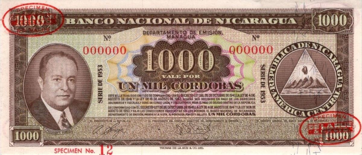 Front of Nicaragua p106s: 1000 Cordobas from 1953